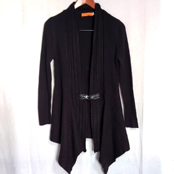 One A Sweaters - One A Black Leather Clasp Front Waterfall Cardigan Sweater Size Small